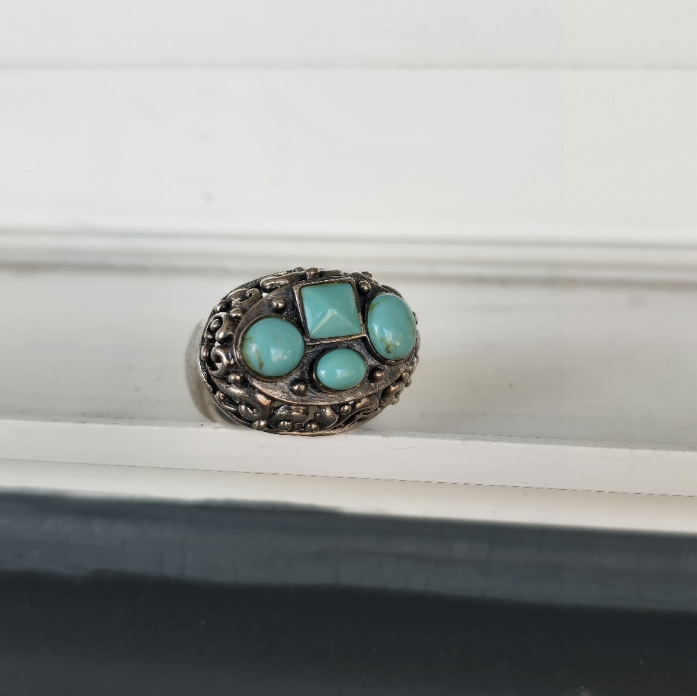 Estate 925 Turquoise Ring Filigree Sterling Silver Sz 7.5 Vintage Jewelry